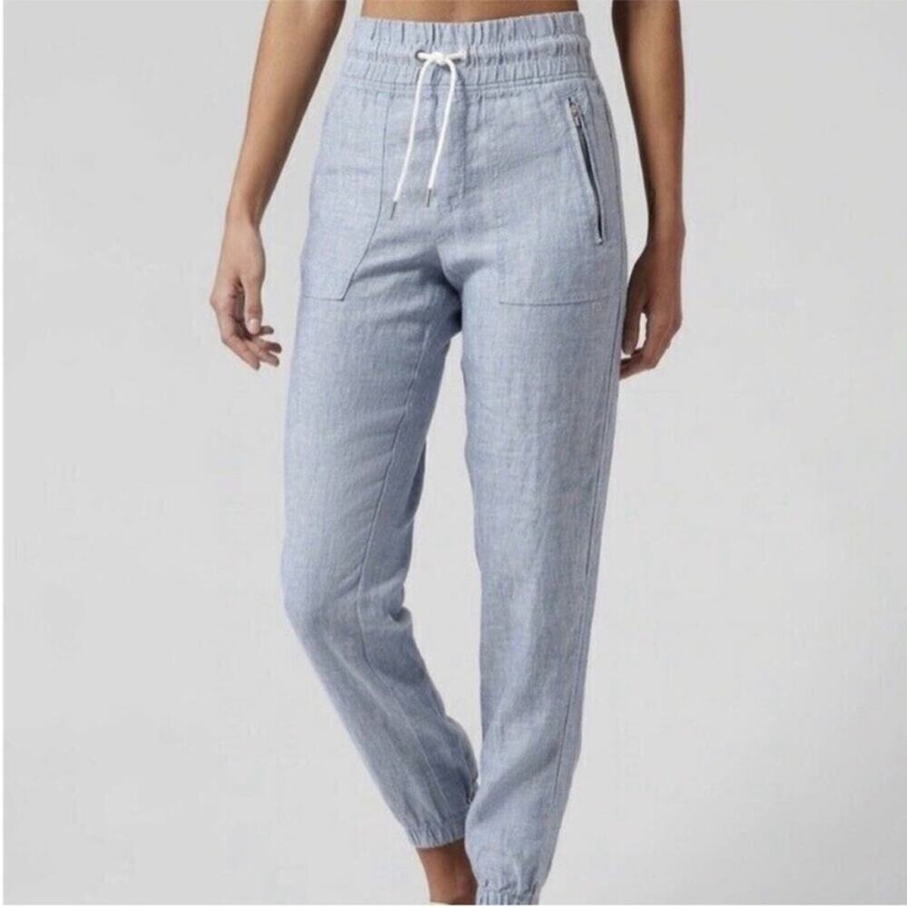 Athleta Cabo Linen Joggers Blue Drawstring High Rise